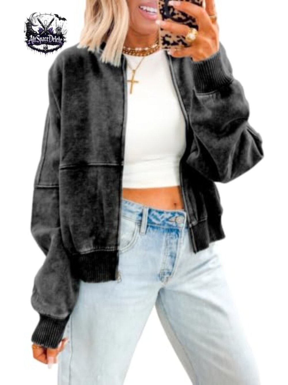 Womens Loose Acid Wash Cotton Bomber Jacket Zip-Up Ribbed Trim